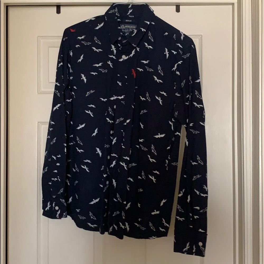 Navy Bird Themed Button Down Shirt